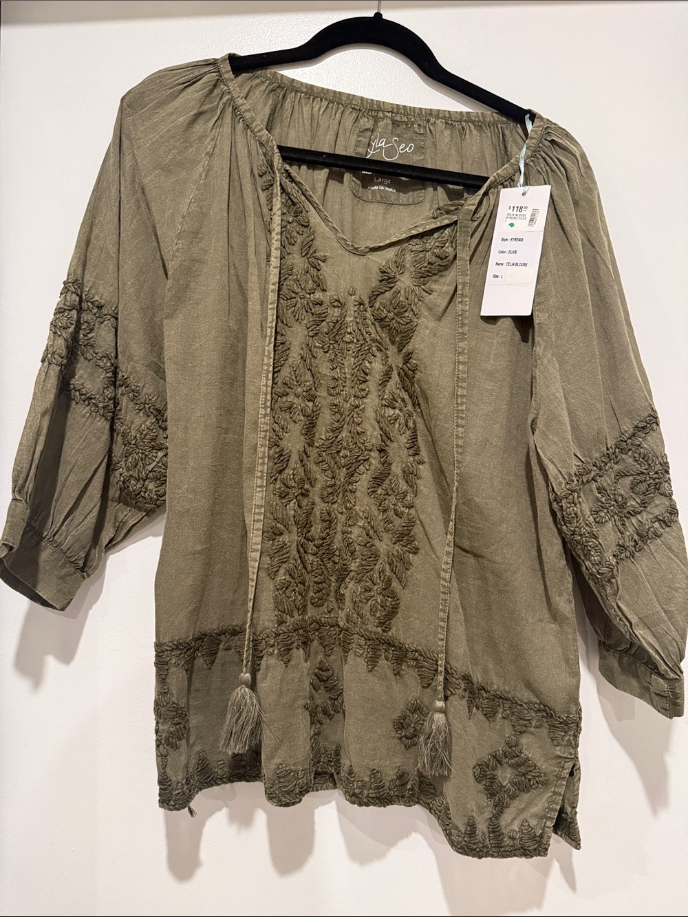 Kyla Seo Olive Embroidered Peasant Blouse for Women